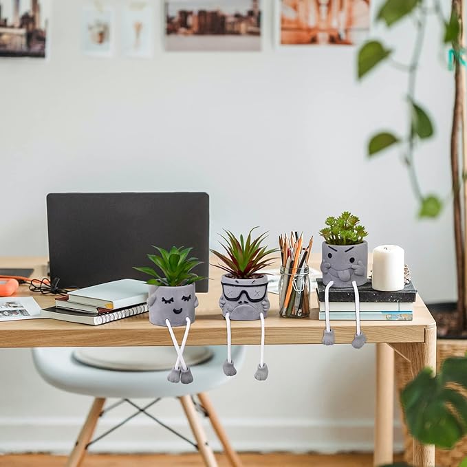LUZOGA Set of 3 Artificial Succulents Potted Plants Faux Succulents Desk Decoration Fake Mini Plants in Grey Pots Faux Plants Kitchen Shelf Desk Decor Small Bathroom Decor for Shelves