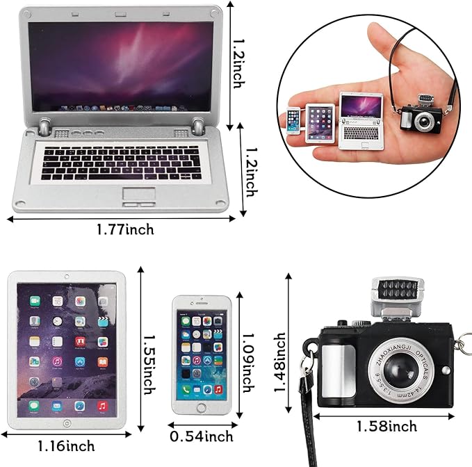 4 Pcs Miniature Laptop Computer Tablet Phone Camera Simulation Accessories Mini Laptop Computer Phone Camera Ornaments for 1/4 1/6 1/12 Scale Mini House Accessories