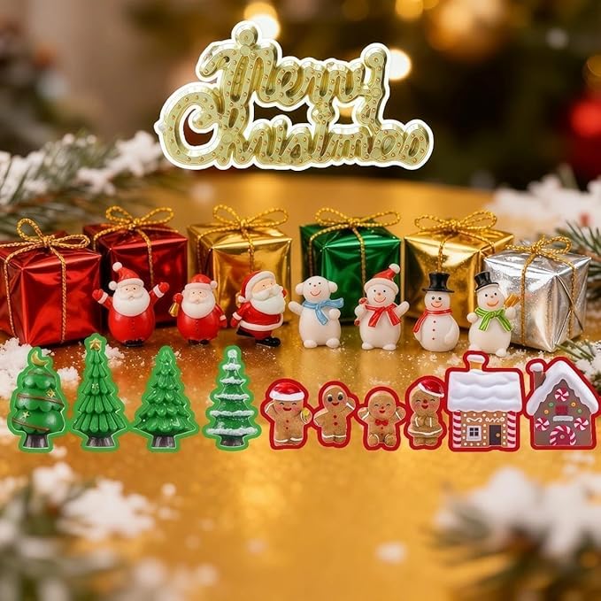 111PCS Mini Christmas Figurines Set, Hand-Painted Resin Miniatures for Crafts, Snow Globe Filler & Christmas Village Accessories, Santa Claus & Snowman Figurines, Trees, Stars, Gingerbread