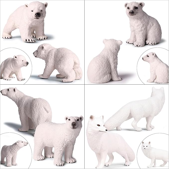 EOIVSH 4PCS Polar Animal Toys, Realistic Arctic Animals Figurines Set with Polar Bears & Arctic Fox, Plastic Winter Animal Figures for Cake Topper Birthday Gift Party Favor