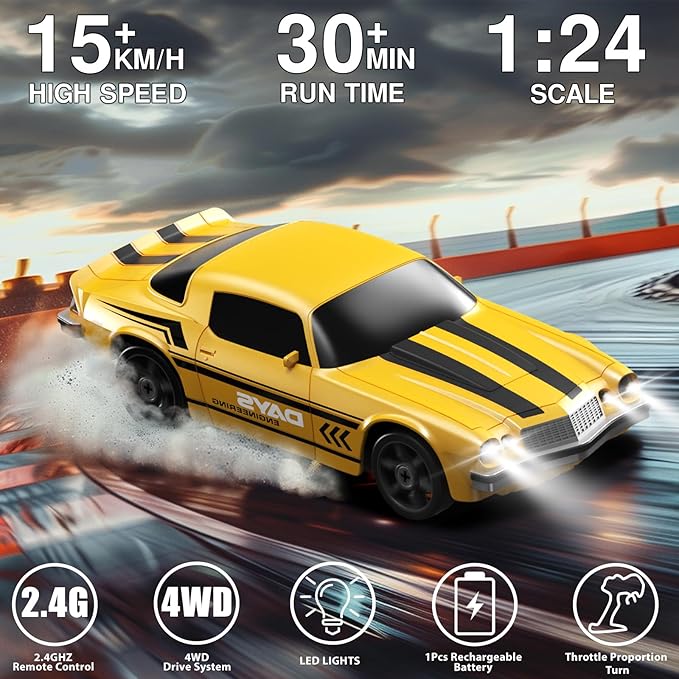 RC Drift Car 1:24 Remote Control Car 4WD 15KM/H High Speed Racing Sport Car with LED Lights RC Cars Toy for Kids Boys Girls Adults Gifts Birthday Christmas Rechargeable Batteries