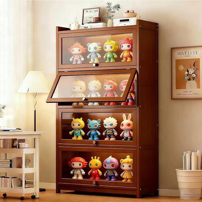 Display Cabinet with Acrylic Glass Doors, Tall Storage Cabinet with Adjustable Shelves, 4 Tier Curio Cabinet&Bookcase for Collectibles, Toys, Books, for Kids Playroom, Bedroom, Study Room