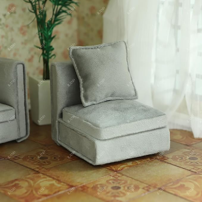 iLAND Dollhouse Furniture Miniature Sectional Couch Set Fit 1/12 Scale Accessories for Doll House Décor and 3 to 6 inches Doll Figure, Modern Light Grey Velvet Sofa Elegant & Classic