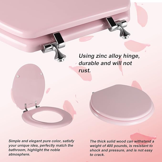Pink Round Toilet Seat Natural Wood Toilet Seat with Zinc Alloy Hinges, Easy to Install also Easy to Clean, Scratch Resistant Toilet Seat by Angol Shiold (Round, Pink)