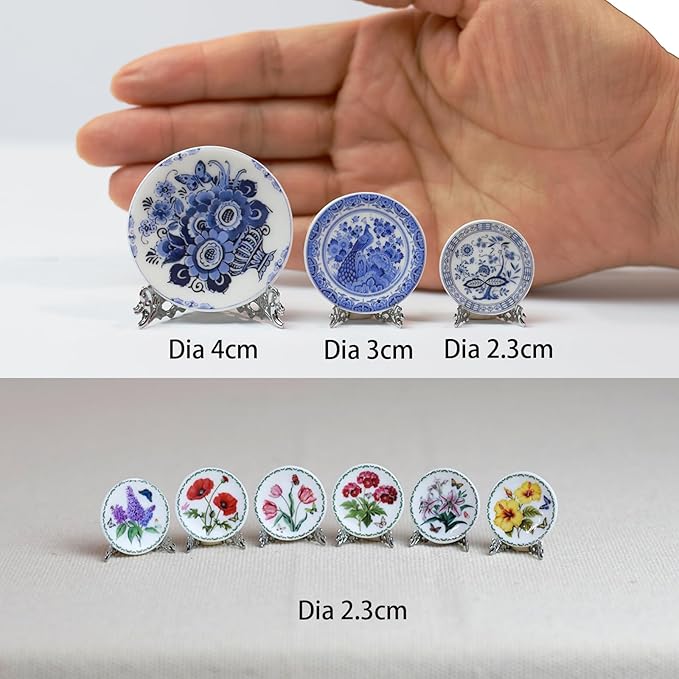 6PCS Handcrafted Miniature Ceramic Plates in 1:12 or 1:6 Scale, Vintage Porcelain Playhouse Dishes (Garden-A, 2.3CM)