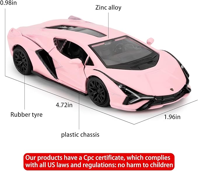 BDTCTK 1/36 Lamborghini Sián FKP37 Diecast Car Models, Zinc Alloy Toy Pull Back Vehicles Toy Cars for Toddlers Kids Boys Girls Gift (Pink)