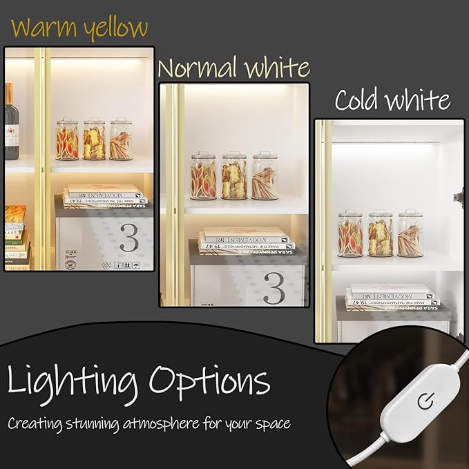 FAMAPY Display Cabinet with Glass Doors and Lights, Glass Display Cabinet with 4-Tier Storage Shelves, Pop-up Design, Trophy Case White and Champagne Gold (31.5”W x 15.7”D x 63”H)