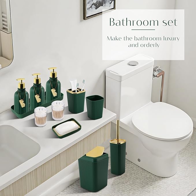 WSBArt 17PCS Bathroom Accessory Set Bathroom Set Hunter Green Bathroom Accessories,Toilet Brush, Trash Can, Qtip Holder Dispenser& 3PCS Soap Dispenser