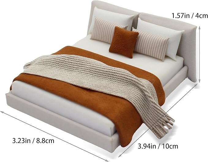 1/20 Dollhouse Bed with Doullhouse Bedding Miniature Queen Bed for Doll House Bedroom Furniture Accessories (Brown)