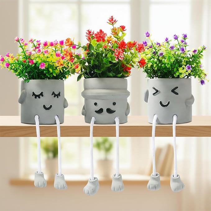 skycoo 3Pack Fake Plants in Cute Pots, Indoor Faux Plants Decorations Lifelike with 60 Artificial Flowers for Office Bathroom Bedroom Living Room Kitchen Home Farmhouse Shelf Decor C