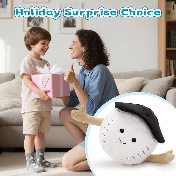 Muiteiur Baseball Plush Toy, Stuffed Ball Plush with Cute Smile & Baseball Cap, Soft Stuffed Sports Toy, for Kids Girls Boys Fans