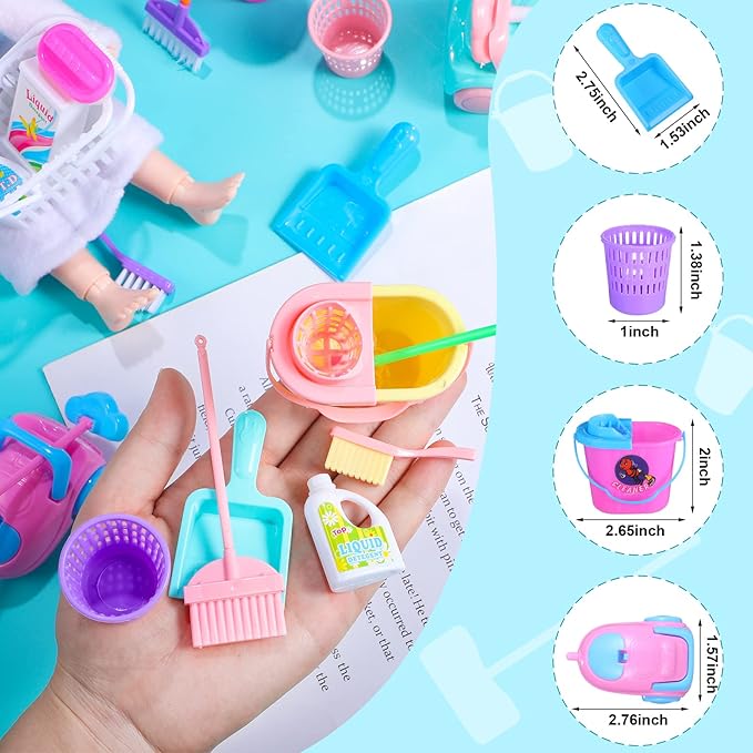 22 Pieces Miniature Bucket Doll Housework Cleaning Supplies Mini Dollhouse Accessories Mop Dustpan, Brush, Broom, Bucket Dollhouse Furniture Decoration Accessories for Dolls Pretend Play, Random Color