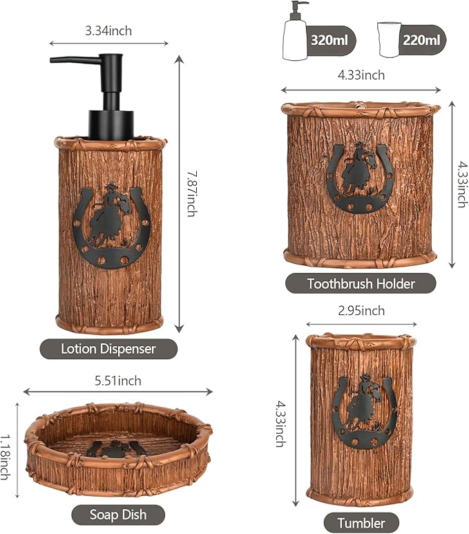 Bathroom Accessory Sets 4PCS Bathroom Accessories Set Complete Western Rustic Horseshoes Decoration Includes Lotion Dispenser Toothbrush Holder Tumbler Cup & Soal Dish