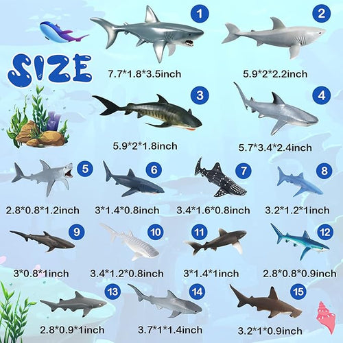 15 Pcs Plastic Shark Toys - Assorted Ocean Animal Figurines, Realistic Bath Toys, Sea Creature Figures, Marine Animals for Kids Birthday Party Favor, Cake Topper, Cognitive Toy