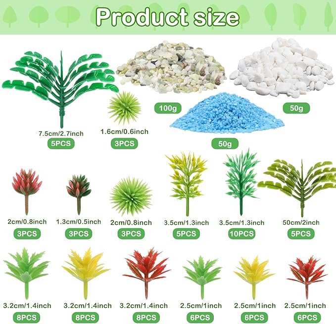 QUOZUO 82pcs Model Plants Miniature Trees Train Scenery Rainforest Fairy Garden Accessories Model Railway River Sand Stone Artificial mini Plants Park Garden Scene Architecture Building Model