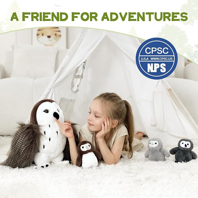 4Pcs Owl Plush Set, Giant Mother Owl Stuffed Animal with 3 Baby Owls Inside, 18" Cute Stuffed Owl for Girls Boys Kids, Soft Owl Plushie Gift for Christmas Birthday Baby Shower, Brown