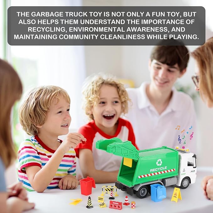 11.8" Mini Garbage Truck Toy, Trash Truck Toy with Dumping Function, Friction Powered, Sound and Lights for Age 3-7 Years Old Boys Girls Birthday Gifts