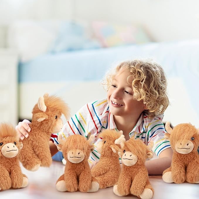 6 Pcs Highland Cows Stuffed Animal 6 Inch Realistic Scottish Stuffed Highland Cow Cattle Plush Toys Fluffy Animal Decor for Stress Relief Boys Girls Birthday Favors Gifts Forest Party Decor