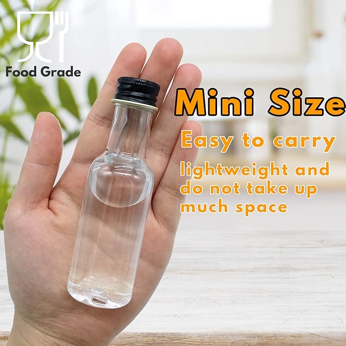 Mini Liquor Bottles, 30 Pack Airtight Plastic Spirit With Black Cap, 1.7oz Empty Alcohol Shot With 10 Funnels, Miniature for Weddings, Parties