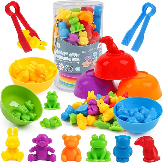 Counting Animals Toys Matching Game with Sorting Bowls Preschool Learning Activities Montessori Sensory Toys for Math Color Sorting, Party Favors Birthday New Year Gifts for Kids