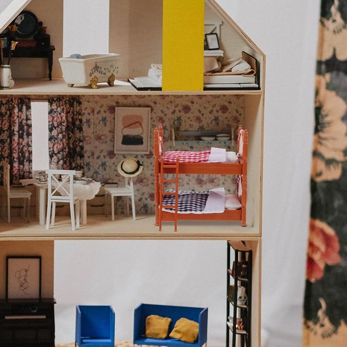 SOIMISS Dollhouse Bunk Bed Decoration, Mini Doll House Double Beds with Ladder Ornament Dollhouse Accessories 1:12 Scale Miniature Scene DIY Kit, 4 Inch