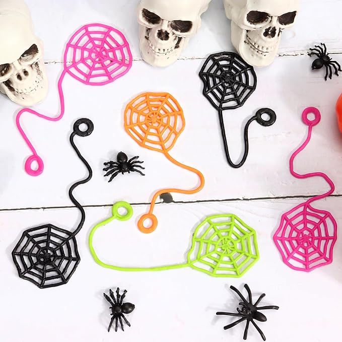 24 PCS Sticky Spider Web for Kids, 5.1 Inches Cobweb Sticky Hand Toys, Halloween Spider Party Favors for Goodie Bag Stuffers, Birthday, Classroom Prizes Supplies (4 Colors)