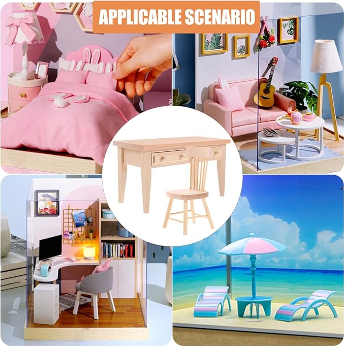 Wooden Dollhouse Furniture: Dolls Table & Chair Furniture Set Living Room Miniature Desk Chair for Mini House Accessories