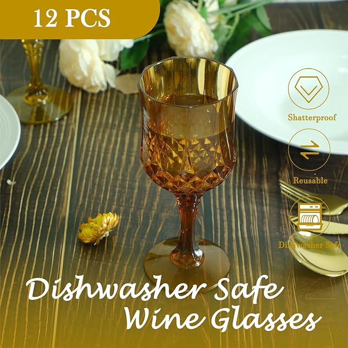 LEYIQU Plastic Wine Glasses, Plastic Goblets Vintage Style Cordial Drinking Glasses for Valentine’s Day, Wedding Reception, Grand Event Party Supplies (12, Amber)