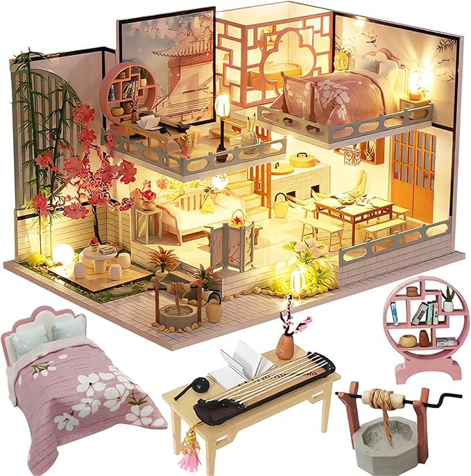 Kisoy Dollhouse Miniature with Furniture Kit, Handmade Chinese Style Loft DIY House Model for Teens Adult Gift (Yaqin Pavilion)