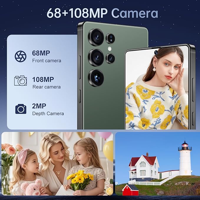 BDWJW I25 Ultra Smartphone 16GB+512GB Android 14 Smartphone, 6.99" FHD+ Display, 7000mAh Battery, 108MP+68MP Dual Camera, Built-in Pen Stylus, Fast Performance Large Memory (Green)