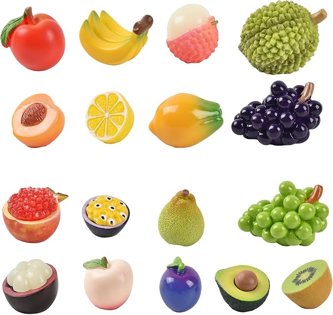 Mini Mixed Fruits 17Pcs, Artificial Fruit Miniature Resin Fruits Figurines Mini Fruit Models for Mini Kitchen Scene House Store Display Decoration