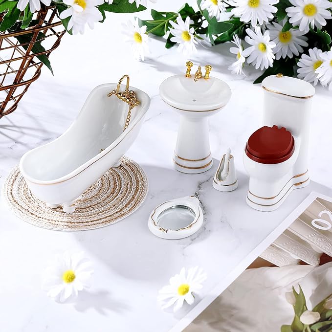 Skylety 6 Pieces 1:12 Dollhouse Bathroom Set Porcelain Miniature Furniture Toys Ceramic Dollhouse Toilet Basin Bathtub Mirror Doll Bathroom Accessories