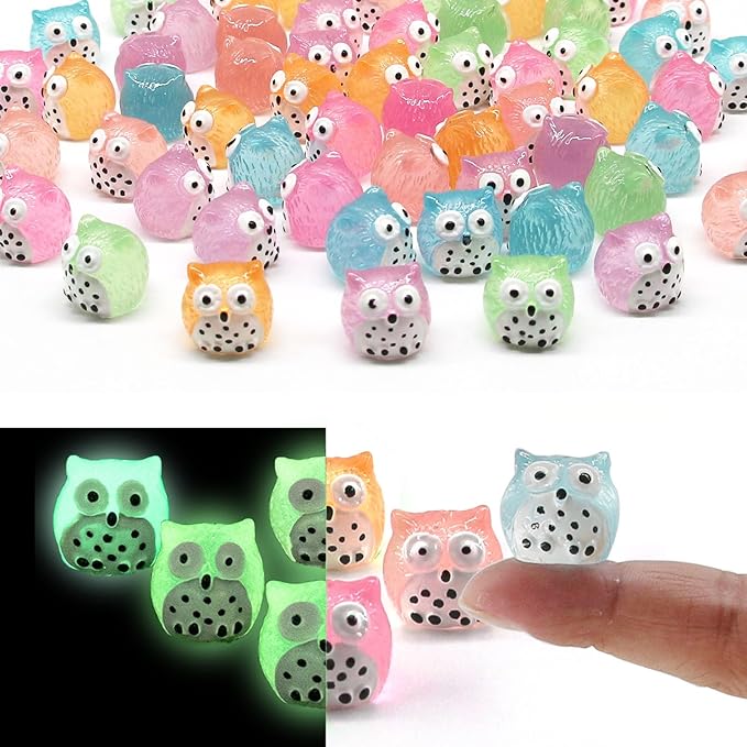 40 Pcs Luminous Mini Resin Owls, Glow in The Dark for Dollhouse, Fairy Garden, Garden Miniatures, Plant Décor and Car Accessories