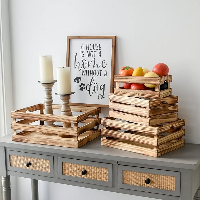 Large Wooden Crates Set of 4 Decorative Storage Box with Handles, Rustic Torched Brown Farmhouse Wooden Crates for Display, Organizer Container Baskets Box for Kitchen, Pantry, Bedroom
