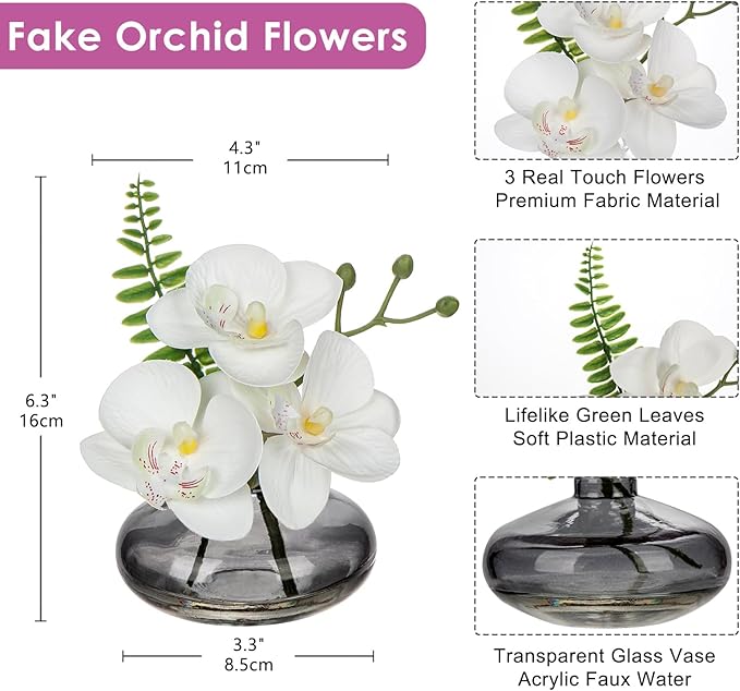 Oairse White Orchids Artificial Flowers Faux Orchids Arrangement in Black Glass Vases Set of 3 Real Touch Phalaenopsis Orchid Flowers Small Fake Orchid Centerpiece for Dining Room Table