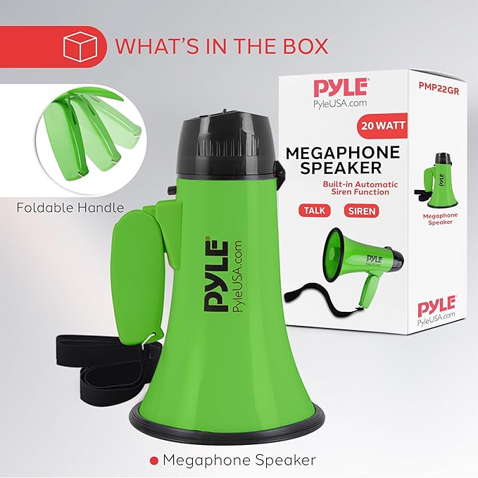 Pyle Portable Megaphone Speaker Siren Bullhorn - Compact and Battery Operated with 20 Watt Power, Microphone, 2 Modes, PA Sound and Foldable Handle for Cheerleading and Police Use - Pyle PMP22GR,Green