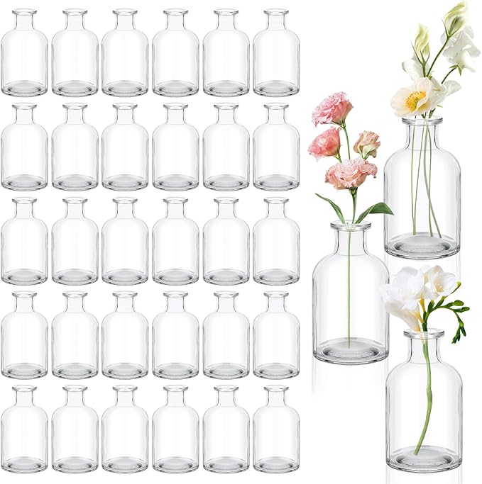 30PCS Glass Bud Vases Bulk, 4.22 oz Clear Small Mini Flower Vases for Centerpieces Decorative Glass Bottles Vintage Rustic Decoration for Wedding Dining Table Home Decor