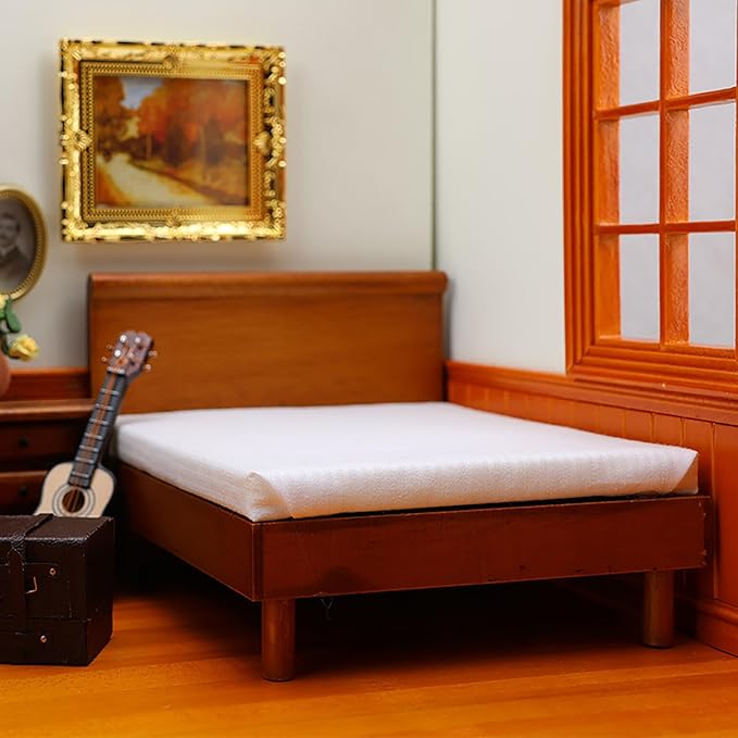 1/12 Dollhouse Bed Miniature Queen Woode Bed for Dollhouse Bedroom Furniture Accessories (Maroon)