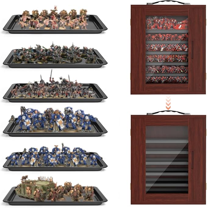 Miniature Storage Case for Collectibles, Miniature Display Cases with Magnetic Door and 6 Trays, Clear View Miniatures Transport Case (Mahogany)