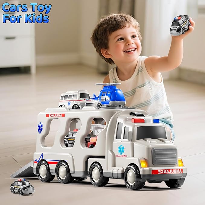 Ambulance Truck Toys Set for Kids Toddlers 1-3 3-5 Years Old, Carrier Truck Playset with Toy Cars, Light and Sound, City Learning Toys for Toddlers, Birthday Gifts for Boys Girls Aged 2-4 4-8