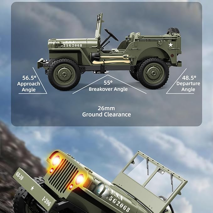 RC Crawlers, High-end Version 1:10 Scale D888 Willys Military Jeep, 2.4Ghz 4WD Off Road RC Rock Crawler Vehicle with Lights All Terrain Electric RC Jeep Toy for Adult Teens