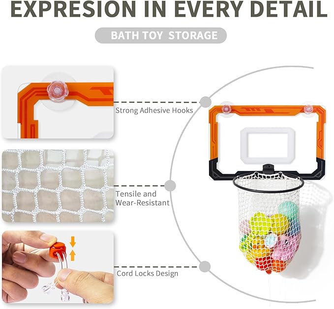 QPJ Baby Bath Toy Storage Organizer, Large Opening Mesh Bathtub Toy Storage for Tub, Bath Toy Holder for Quick Release of Toys for Bathroom, Basketball Hoop Design with Fun Bonus