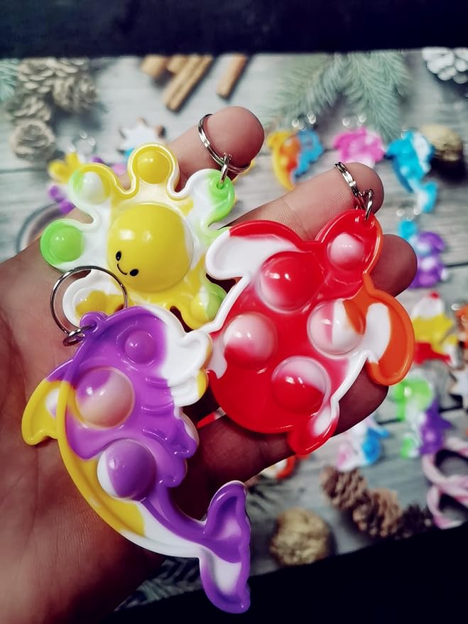 Bulk 25 Packs Ocean Animal Fidget Mini pop Keychain Rainbow Sensory Push Toy for Friend Birthday Summer Party Favors and Holiday Children Kids Students Small Prize Gift
