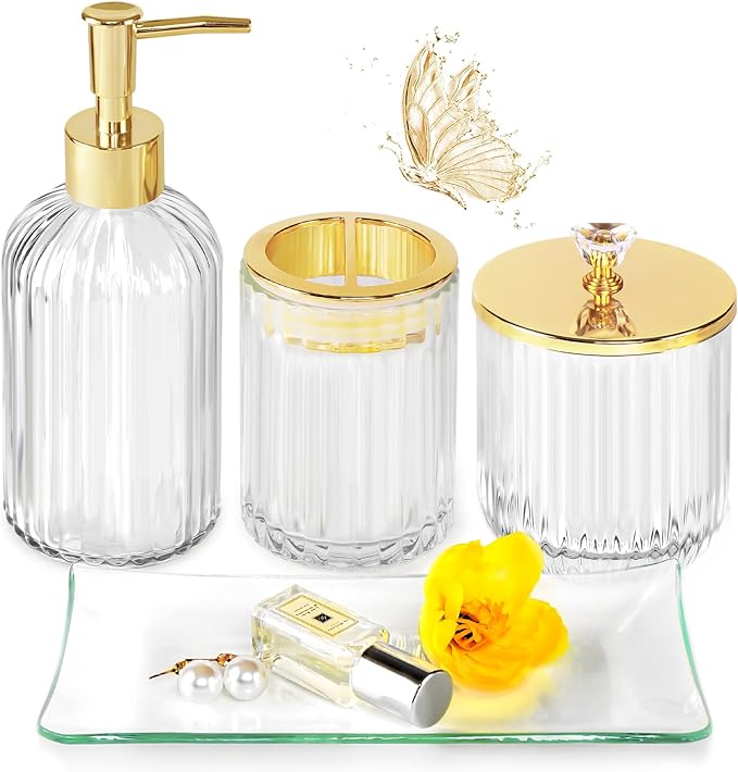 Gold Bathroom Accessories Set, 4Pcs Clear Glass Bathroom Accessory Sets Complete of Soap Dispenser, Toothbrush Holder, Apothecary Jar(Qtip Holder), Vanity Tray, Modern Home Decor Housewarming Gifts