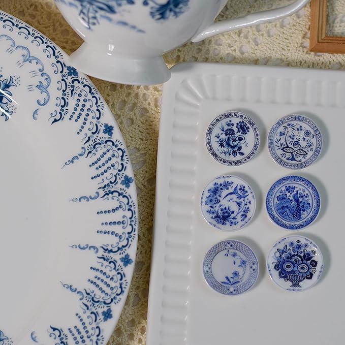 6PCS Handcrafted Miniature Ceramic Plates in 1:12 or 1:6 Scale, Vintage Porcelain Playhouse Dishes (Blue-White A, 2.3CM)
