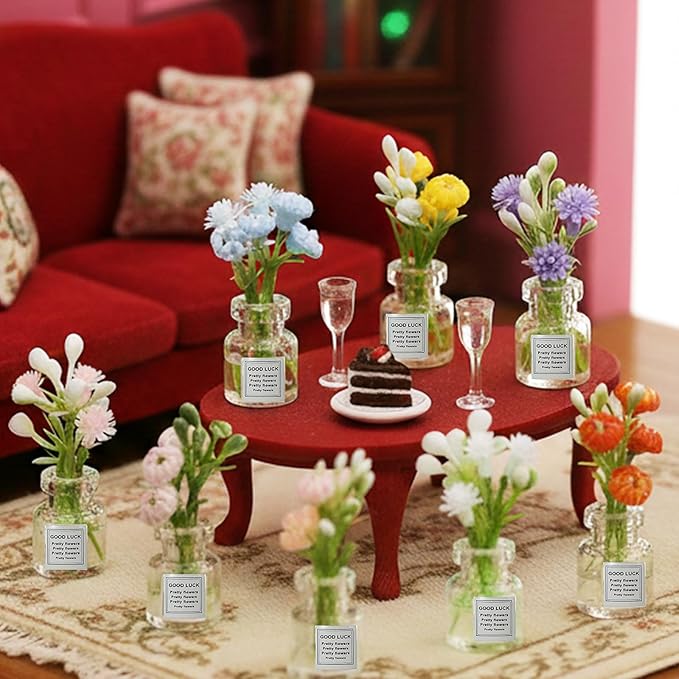 10 Pcs Miniature Flower Dollhouse Plants, 1:12 Scale Glow in The Dark Glass Vase Flowers, Tiny Plant House Decor for Dollhouses Accessories, Fairy Gardens