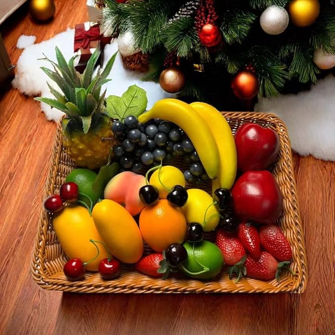 26pcs Artificial Fruits Fake Realistic Fruit Modle for Photoshoot Decor Artificial Pineapple Green & Yellow Lemon Black Grapes Bananas Orange Apple Peach Strawberries Mango Plastics Cherry