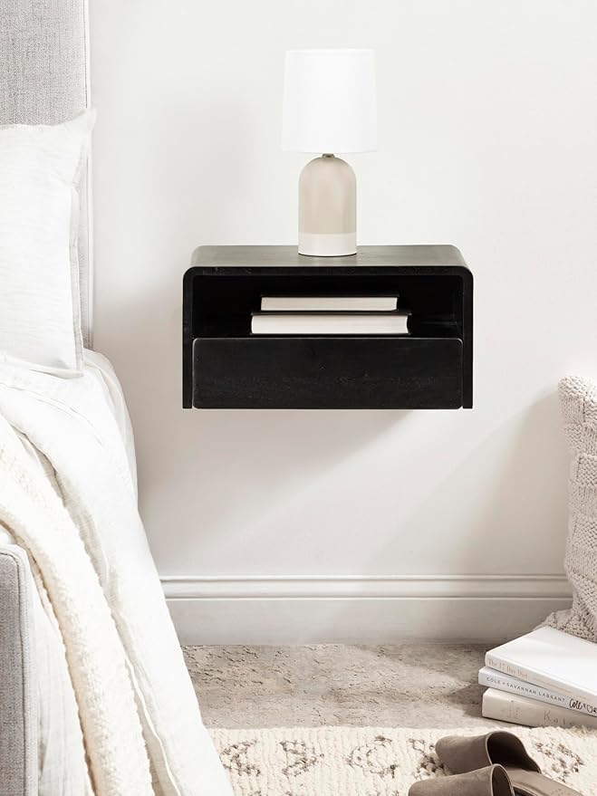 Kate and Laurel Kato Modern Wood Floating Side Table with Drawer; 18 x 10 x 9; Black; Contemporary Wooden Floating Nightstand for Bedroom Bedside Table