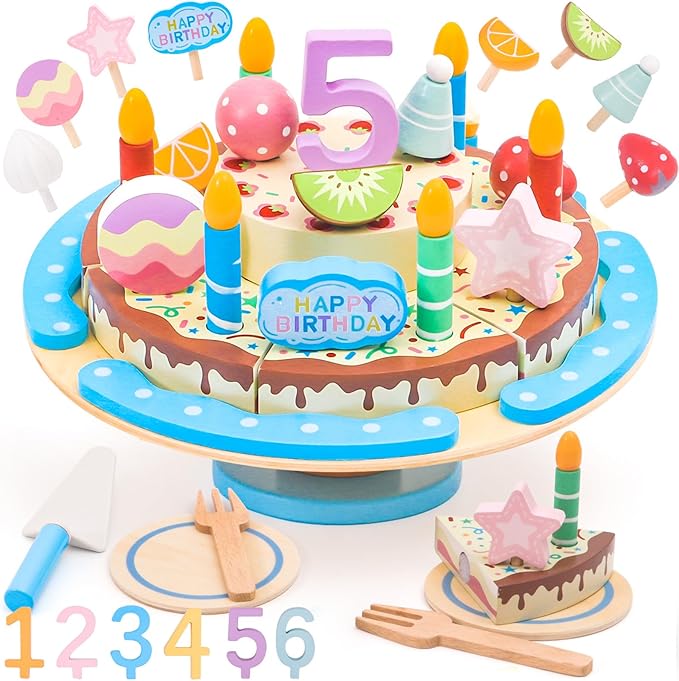 HAPGFS Wooden Birthday Cake Toy Set for Kids, Realistic Birthday Cake with Candles and Fruits for Pretend Play, Wooden Toys Educational Play Food for Birthday Parties and First Birthday Gifts for Kids