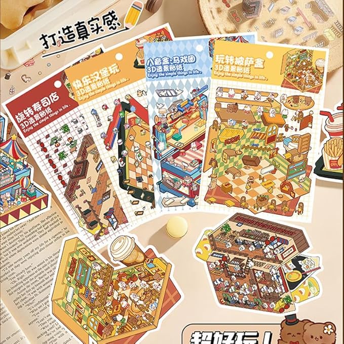 DIY 3D House Stickers Kit - 4 Sets Food Theme & Cartoon Scenes for Adults, Creative Art for Stress Relief, Pass The Time,Home Decoration, Relaxation Gifts